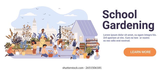 School gardening children planting teacher outdoor urban farm greenhouse plants city background educational activity website banner