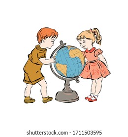 School geography lesson. Boy and girl study planet Earth. Model of the globe rotating on a stand. 
