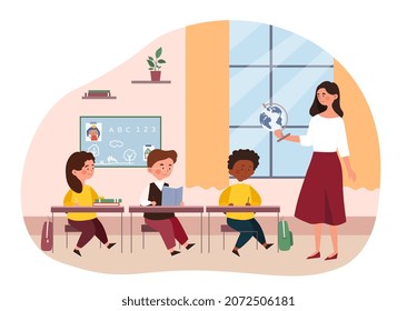 School geography lesson. Female teacher holds globe and tells children about countries and cities. Elementary school or kindergarten. Boys and girls at their desks. Cartoon flat vector illustration