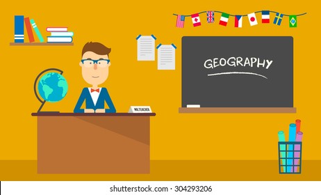 School geography teacher in classroom. Flat design. Vector illustration.