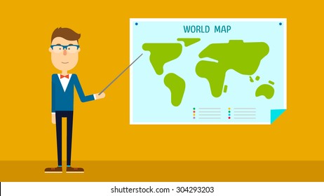 School geography teacher shows world map. Flat design. Vector illustration.