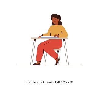 School girl ages between 8 and 14 sitting at her desk in a classroom and reading. African American female student does her homework. Concept back to school. Vector illustration.  