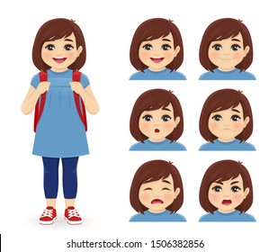 School girl with backpack emotions set isolated vector illustration