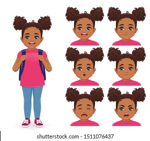 School girl with backpack emotions set isolated vector illustration