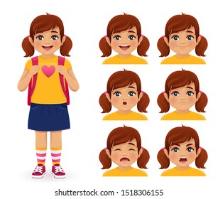 School girl with backpack emotions set isolated vector illustration