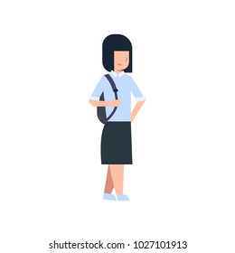 School Girl With Backpack Isolated Cute Caucasian Schoolgirl Wearing Uniform Flat Vector Illustration
