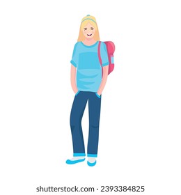 School girl with backpack on white background