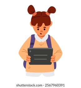 School girl with backpack playing with tablet flat vector illustration isolated on white. Gadget addiction.
