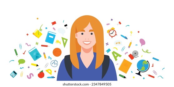 School girl with backpack and school supplies around her - books, notepads, globe, alarm and stationery items. Student portrait in minimalist vector style. School background, flat illustration