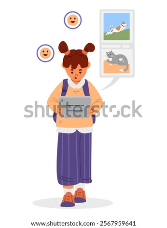 School girl with backpack walking and watching viral videos on tablet flat vector illustration isolated on white. Gadget addiction.