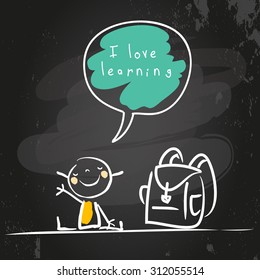 School girl with bag, chalk on blackboard vector illustration. doodle style sketch, hand drawn illustration. 