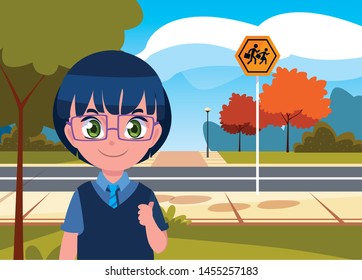 school girl with bag in the street