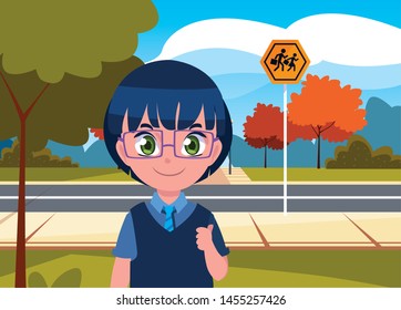 school girl with bag in the street