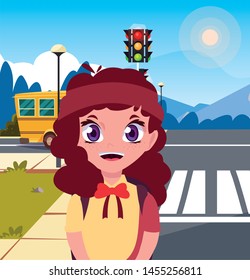 school girl with bag in the street bus