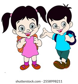 school girl and school boy back to school classmates going to school walk vector character