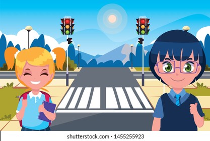 school girl and boy with bag in the city street