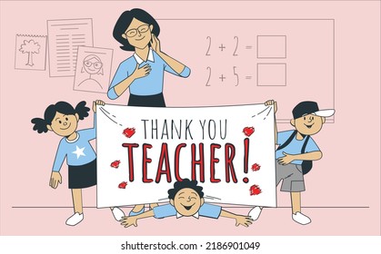 School girl and boy at a primary school presenting a Thank You Teacher poster to her female teacher in a classroom, close up. Happy Teachers Day concept.