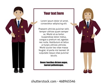 School girl and boy in uniform showing open hand palm presenting something Flat vector illustration