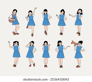 Posições de personagem de desenho animado de menina de escola. Retrata uma variedade de posições divertidas, expressivas e casuais em uniforme. Ideal para conteúdo educacional, materiais infantis e designs de mídias sociais.
