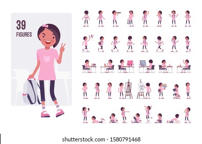 School girl in a casual wear character set. Cute pretty small girl with rucksack, active young kid, smart elementary pupil, 7 to 9 years old. Full length, different view, gestures, emotions, poses