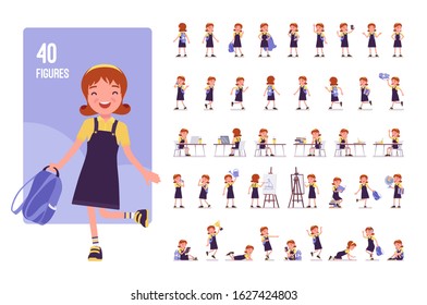 School girl in casual wear character set. Cute small lady with rucksack, active young kid, smart elementary pupil in study and entertainment. Full length, different view, gestures, emotions, poses