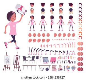 School girl in casual wear construction set. Cute small lady, active young kid, smart elementary pupil, 7, 9 year old creation elements to build own design. Vector illustration