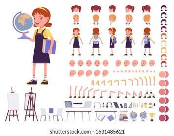 School girl in casual wear construction set. Cute small lady, active young kid, smart elementary pupil, 7, 9 year old creation elements to build own design. Vector illustration