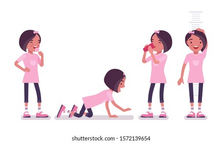 School girl in casual wear enjoying fun. Cute small lady in a pink tshirt after lessons, active young kid, smart elementary pupil aged between 7 and 9 years old. Vector flat style cartoon illustration