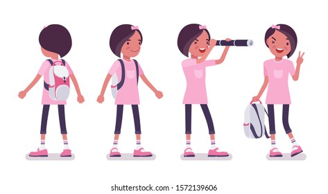 School girl in casual wear standing. Cute small lady in a pink tshirt with rucksack, active young kid, smart elementary pupil aged between 7 and 9 years old. Vector flat style cartoon illustration