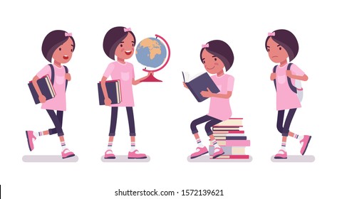 School girl in casual wear standing with globe and books. Cute small lady in pink tshirt, active young kid, smart elementary pupil aged between 7 and 9 year old. Vector flat style cartoon illustration