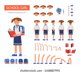 School girl character constructor for animation. Front, side and back view. Flat  cartoon style vector illustration isolated on white background.