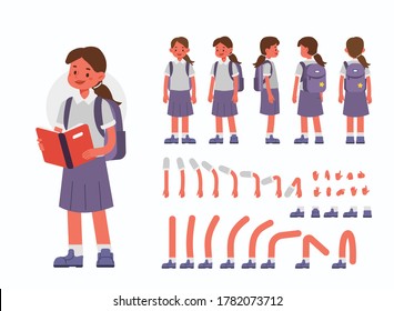 School Girl Character Constructor for Animation.  Front, Side and Back View. Cute Kid in School Uniform and Different Postures. Body Parts Collection. Flat Cartoon Vector Illustration.