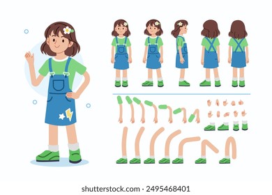 School girl character constructor for animation. Front, side and back view. Body parts and postures collection. Vector illustration.