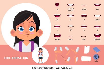 School Girl Character Lip Sync Mouth Animation and Hand Gestures