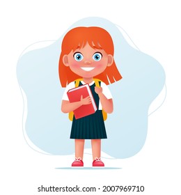 school girl character in uniform with book and backpack. Cute child, back to school concept. Cartoon vector illustration