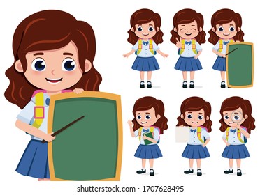 School girl character vector set. Back to school girl student characters in presentation educational activity with chalkboard and pointer elements isolated in white background. Vector illustration.