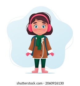 School girl character in warm winter or autumn clothing with backpack. Cute child, back to school concept. Cartoon vector illustration