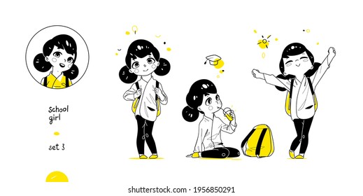 School Girl Collection with Different Poses. Black Yellow Design set.