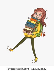 School girl with colorful pile of books. Back to school. Happy student. Vector cartoon character. Literacy Day.