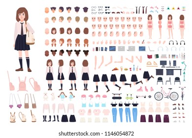 School girl constructor or DIY kit. Set of young female character body parts, facial expressions, uniform isolated on white background. Front, side and back views. Flat cartoon vector illustration