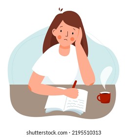 The school girl does difficult homework. The student is engaged, learning difficulties. Vector flat illustration.