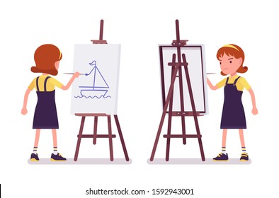 School girl drawing picture at artist easel. Cute small lady in pinafore dress on art lesson, kid, smart elementary pupil age between 7, 9 year old. Vector flat style cartoon illustration, front, rear