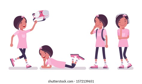 School girl enjoying free time. Cute small lady in pink tshirt with rucksack after lessons, active young kid, smart elementary pupil aged between 7, 9 years old. Vector flat style cartoon illustration