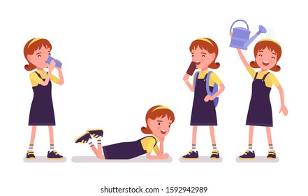 School girl entertainment, enjoy ice cream, drink. Cute happy small lady in pretty pinafore dress, active young kid, elementary pupil aged between 7, 9 year old. Vector flat style cartoon illustration