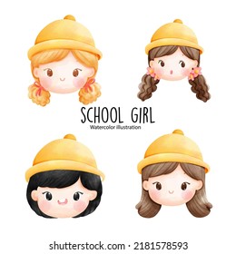 school girl, girl face emoticon. Vector illustration