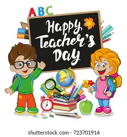 school girl with flowers and school boy and calligraphy lettering Happy teachers day with school items