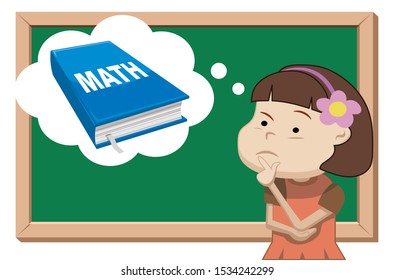 school girl in front of black board thinking about mathematics book, thiink bubble, vector illustration 