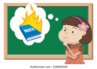 school girl in front of black board thinking about mathematics book on fire, think bubble, vector illustration 