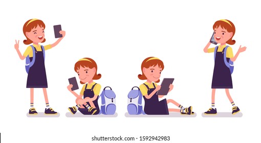 School girl with gadgets, phone, tablet. Cute small lady in a pretty pinafore dress with rucksack, active young kid, elementary pupil aged between 7, 9 year old. Vector flat style cartoon illustration