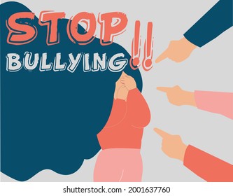 School girl get bullied by her classmates and covers her face with hands to protect herself. Children surrounded a woman and abuse her by pointing fingers at her. Human behavior, mental health concept